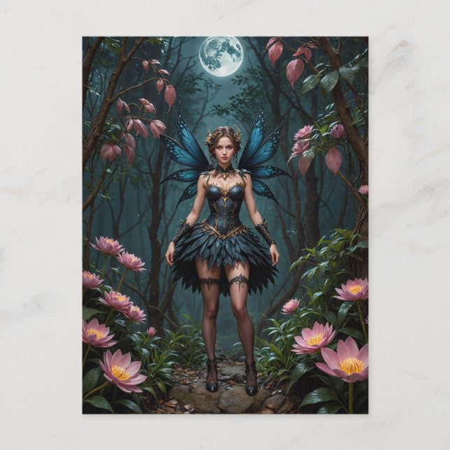 Cartão Postal Fada de Flor numa Noite de Lua Completa (Frente)