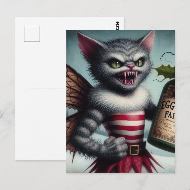 Cartão Postal Fada De Gatinho De Horror De Natal Com Eggnog (Frente/Verso)