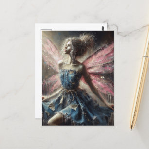 Cartão Postal Fada de Patches Denim Vestida Asas Rosa