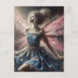 Cartão Postal Fada de Patches Denim Vestida Asas Rosa
