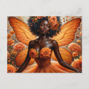 Cartão Postal Fada de Pele Escura com Afro - Floral Laranja
