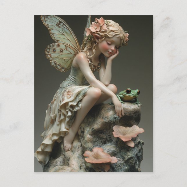 Cartão Postal Fada de Porcelana Fofa com Sapo Verde (Frente)