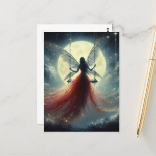 Cartão Postal Fada de Vestido Vermelho em uma Noite de Lua Cheia