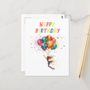Cartão Postal Fada e Balões Colorido Feliz Aniversário