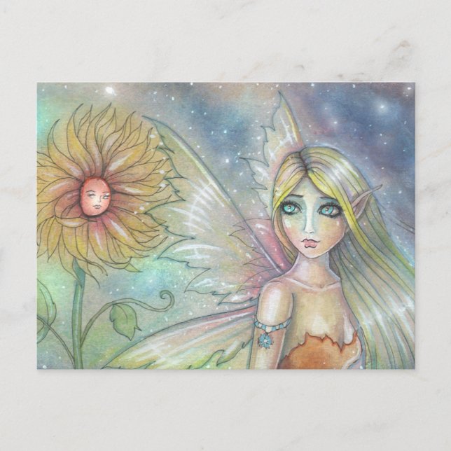 Cartão Postal Fada e girassol fantasia Faerie Art (Frente)