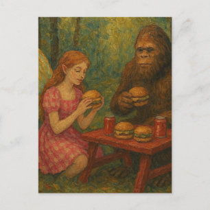 Cartão Postal Fada e Sasquatch Comendo Cheeseburgers na Floresta