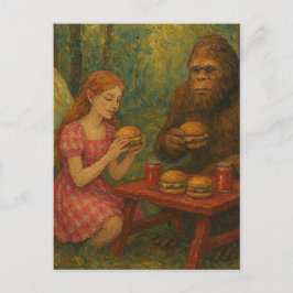 Cartão Postal Fada e Sasquatch Comendo Cheeseburgers na Floresta