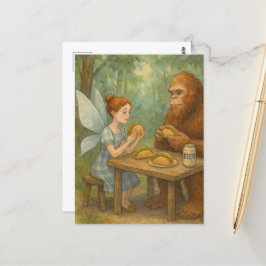 Cartão Postal Fada e Sasquatch Comendo Tacos Fantasy Art