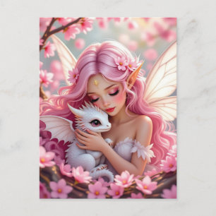 Cartão Postal Fada Élfica Rosa Bonita & Dragão