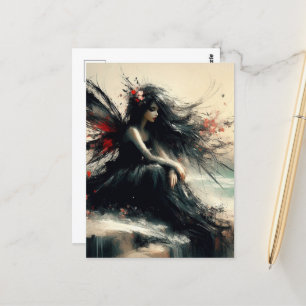 Cartão Postal Fada em um penhasco litorâneo em vestido preto