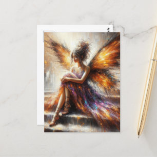 Cartão Postal Fada em um vestido roxo sentado na escada