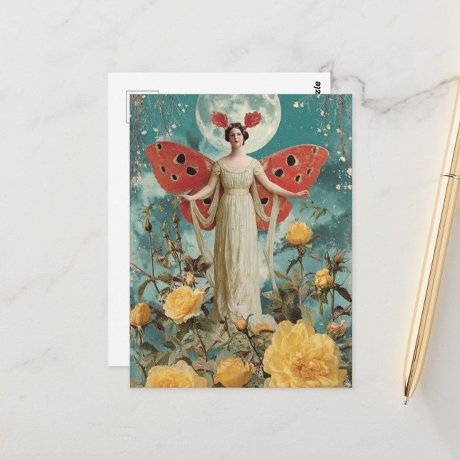 Cartão Postal Fada Fofo Com Rosas Amarelas e a Lua (Frente/Verso In Situ)