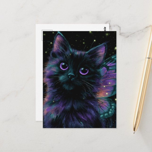 Cartão Postal Fada Gato Preto Adorável (Frente/Verso In Situ)