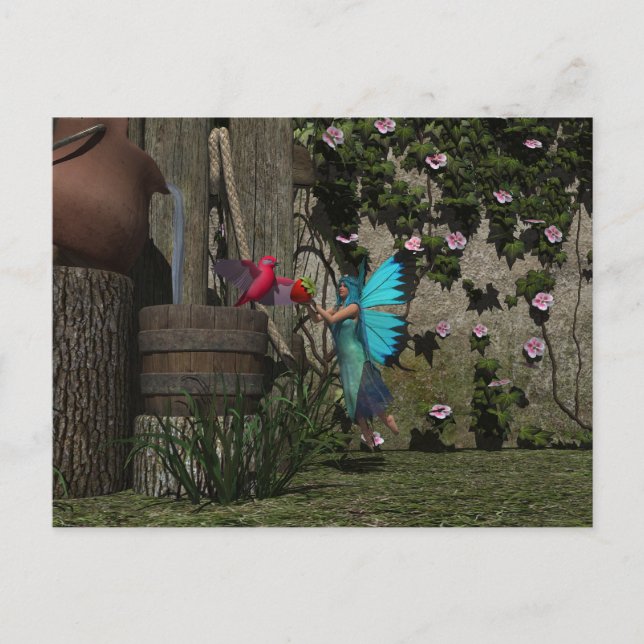 Cartão Postal Fada Gelada Alimentando um Pássaro (Frente)