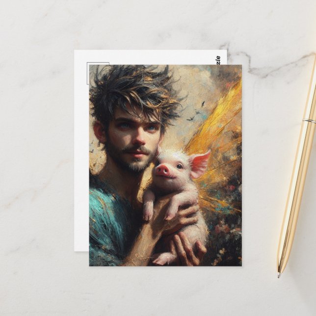 Cartão Postal Fada Masculina Com Suíno Bebê (Frente/Verso In Situ)