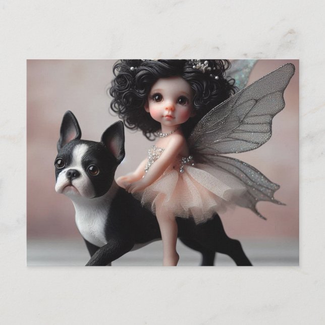 Cartão Postal Fada montando fantasia de Boston Terrier (Frente)