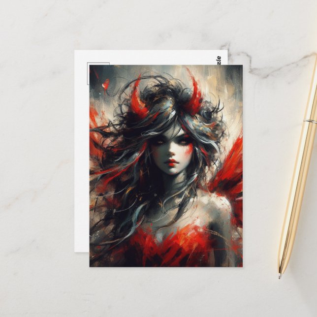 Cartão Postal Fada num vestido vermelho (Frente/Verso In Situ)