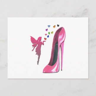 Cartão Postal Fada Rosa e Arte de Sapato Stiletto