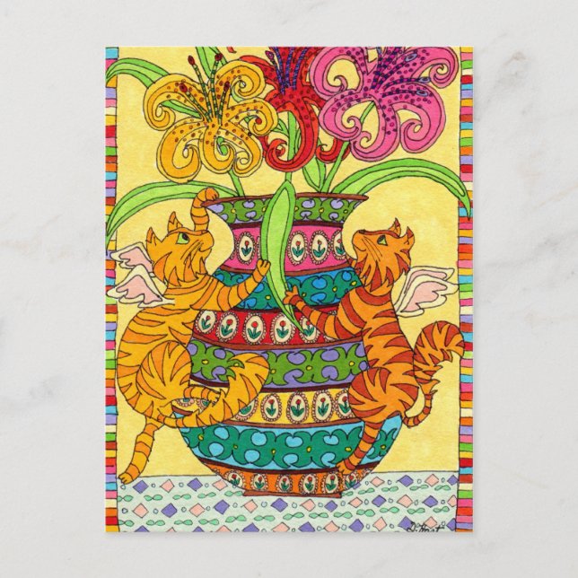 Cartão Postal Fadas de Gato com Vaso Ornamentado de Lírios (Frente)