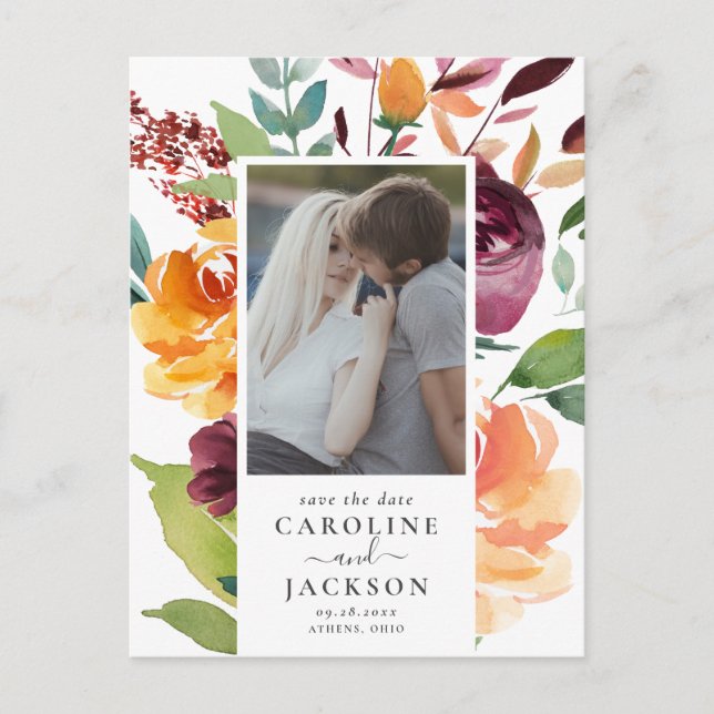 Cartão Postal Fall Floral Photo Save the Date (Frente)