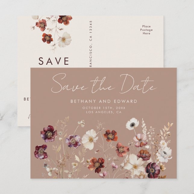 Cartão Postal Fall Floral Taupe Weding Date (Salvar data) (Frente/Verso)