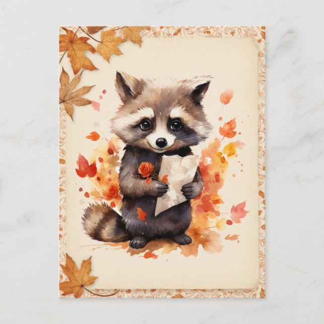 Cartão Postal Fall Watercolor Raccoon com letra - (Frente)
