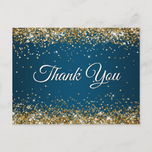 Cartão Postal Falso Brilho Dourado Glitter Azul Oceano Obrigado