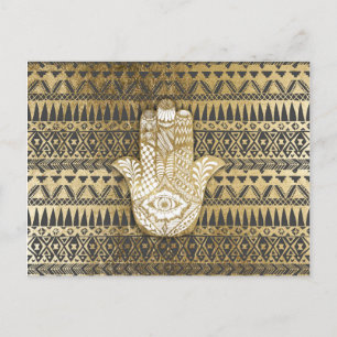 Cartão Postal Falso Impresso Dourado Hamsa Mão e Tribal Azteca