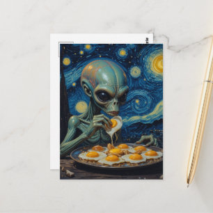 Cartão Postal Falso Van Gogh Alien Azul Comendo Ovos Fritos