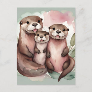 Cartão Postal Família Adorável de Lontras Aquarela