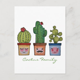 Cartão Postal Família Cute Cactus Em Aquarela