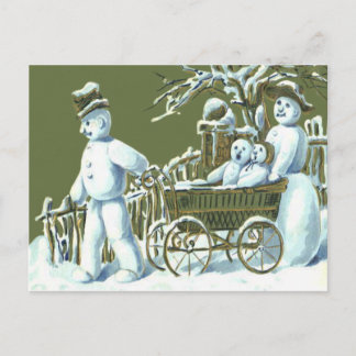 Cartão Postal Família de boneco de neve caminha passeio neve
