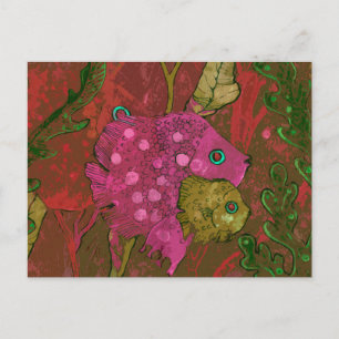 Cartão Postal Família de peixes submarinos Oceano de arte rosa v