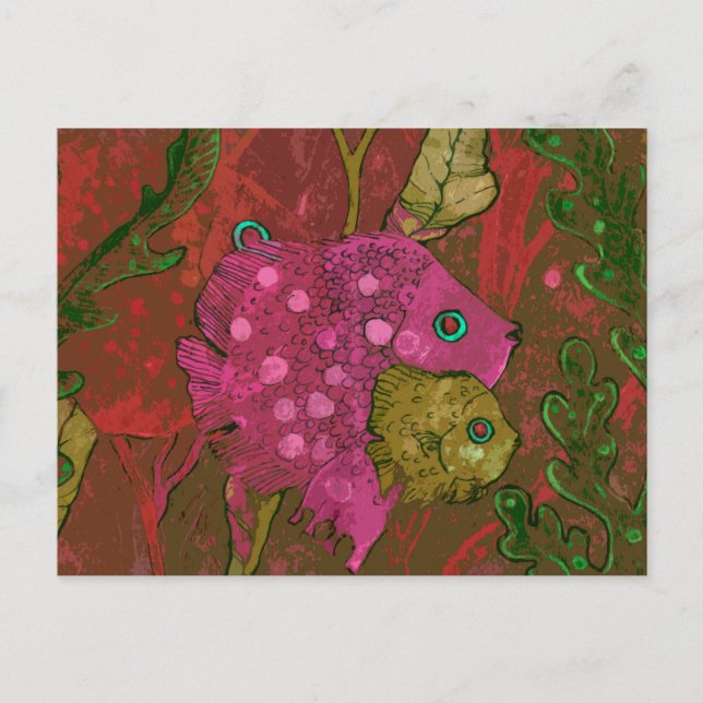 Cartão Postal Família de peixes submarinos Oceano de arte rosa v (Frente)