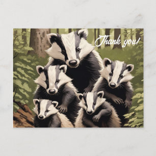 Cartão Postal Família de texugos em ambiente florestal Obrigado