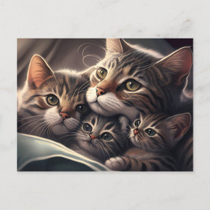 Cartão Postal Família Felina Aconchegante - Gata Mãe e Gatinhos