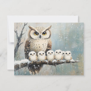 Cartão Postal Família Owl em uma filial de neve