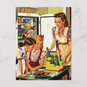 Cartão Postal Família Vintage na cozinha, mãe, Pai-filho-da-m