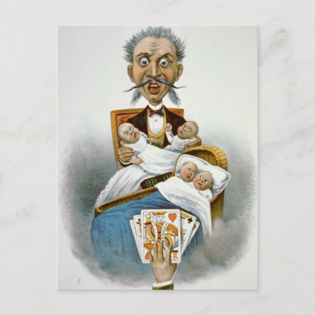 Cartão Postal Família Vintage, Pai com Bebês Quadruplet (Frente)