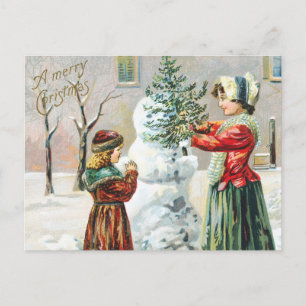 Cartão Postal Família Vitoriana e Boneco de Neve Feliz Natal 
