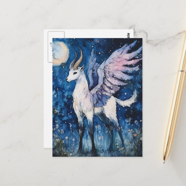 Cartão Postal Fantasia Adorável de Cabra Alada Lua Cheia (Frente/Verso In Situ)