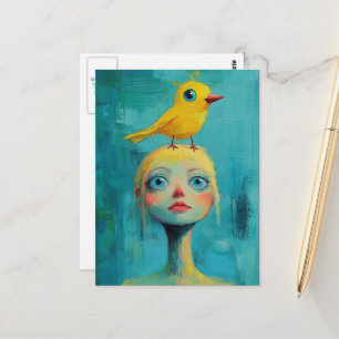 Cartão Postal Fantasia com o Pássaro Amarelo na Cabeça dela