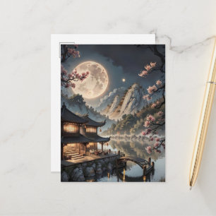Cartão Postal Fantasia da Aldeia Japonesa ao Luar