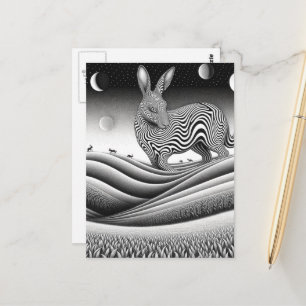 Cartão Postal Fantasia de coelho cavalo em Op art preto e branco
