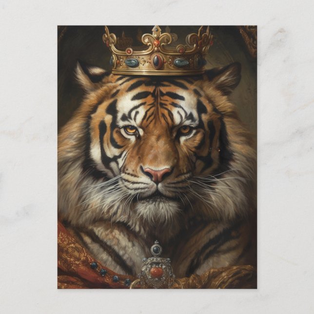 Cartão Postal Fantasia de Conto de Fadas Tigre em uma Coroa (Frente)