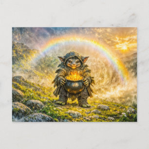 Cartão Postal Fantasia Dinâmica Duende com Pote de Ouro Arco-íri