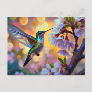 Cartão Postal Fantasia do Nascer do Sol com Beija-flor e Flor de