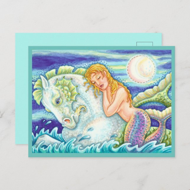 CARTÃO POSTAL FANTASIA FANTASY MERMAID RIDING MERHORSE, SEAHORSE (Frente/Verso)