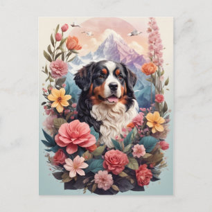 Cartão Postal Fantasia Floral 3D do Cão Montanhês de Berna Vista