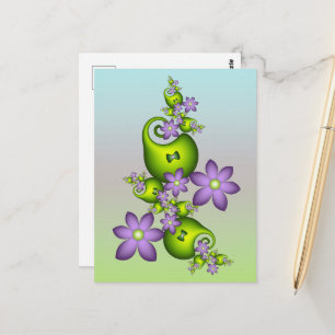 Cartão Postal Fantasia Floral Flores Lilás Formas Verdes Fractal